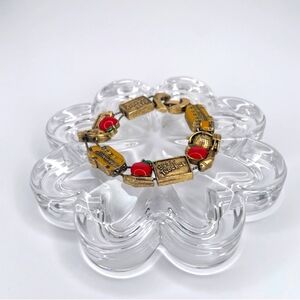 Vintage Brass & Red Enamel Best Teacher Apple School Bus Beaded Sliding Bracelet